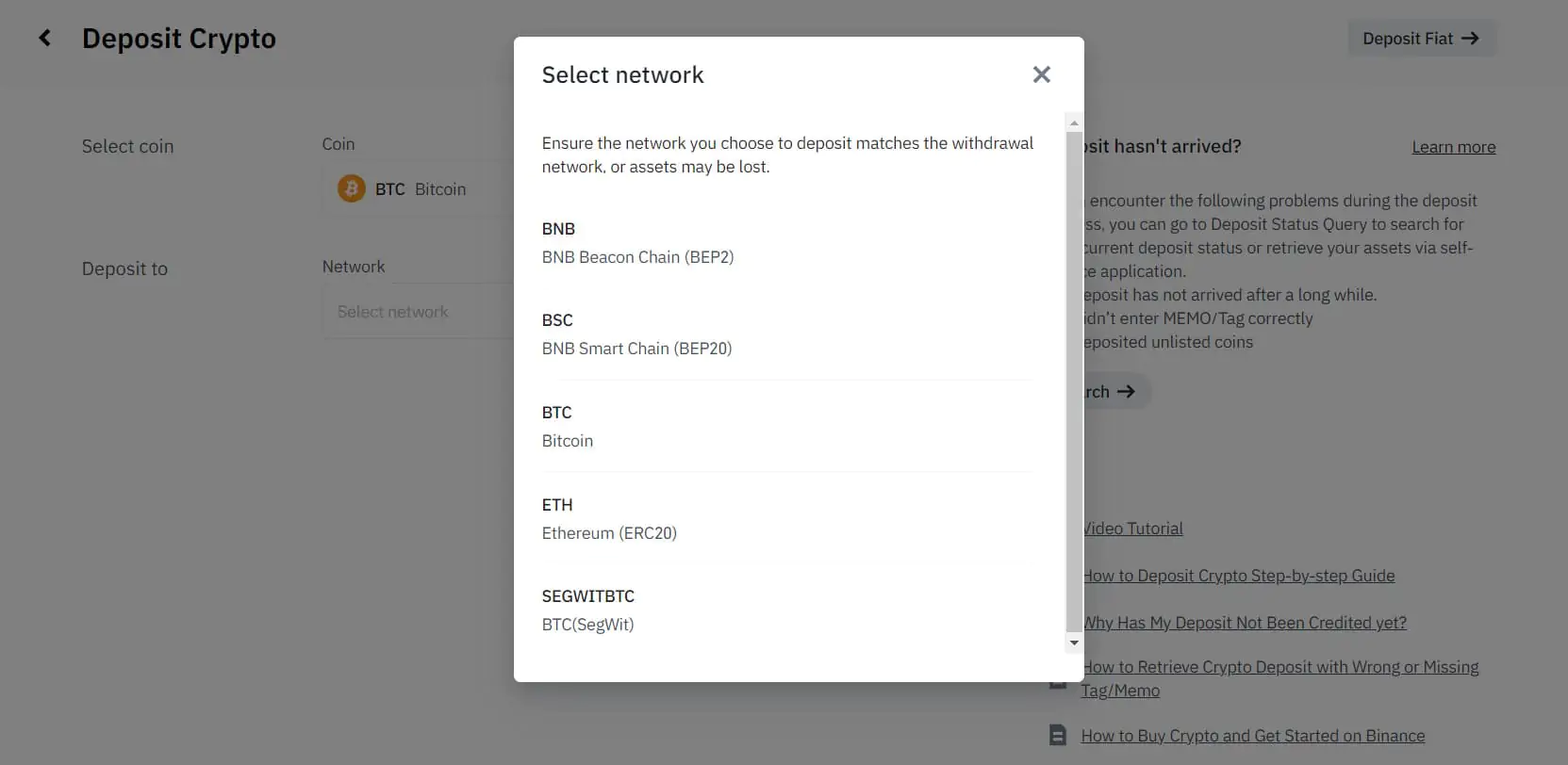 Binance-ում ավանդների համար ընտրեք ցանց